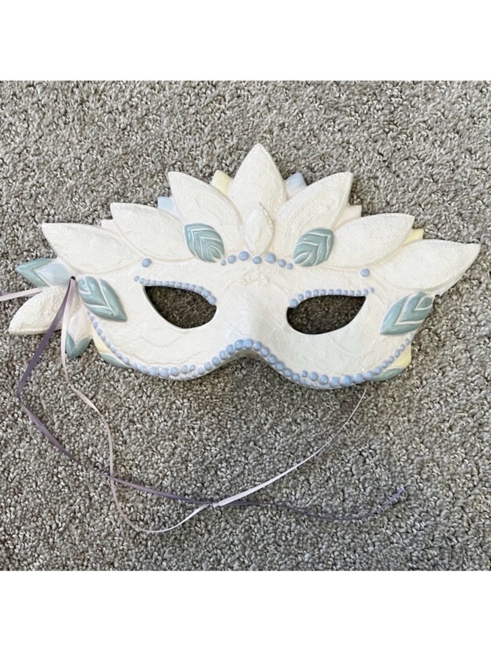 Mardi Gras Adult Face Mask Wall Plaque Iridescent White Soft Blue Painted FLAW